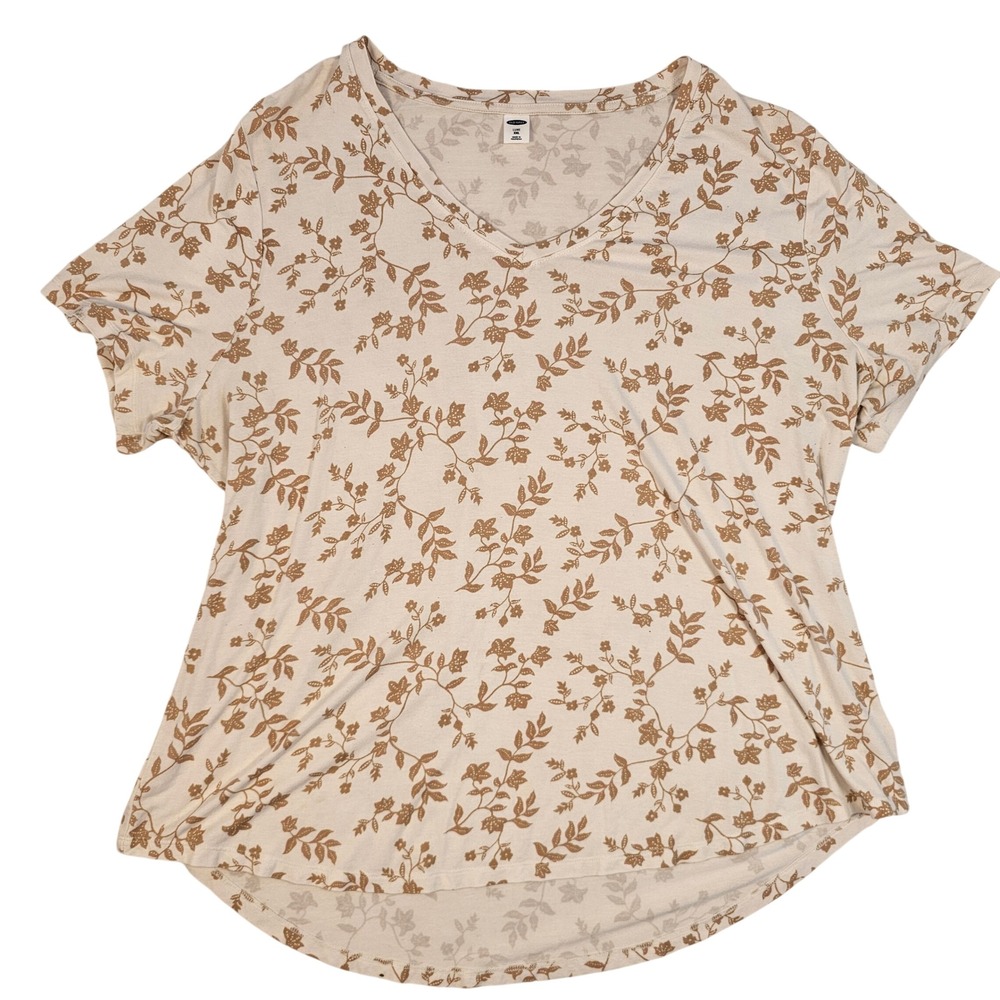 Old Navy Luxe XXL Cream Tan Botanical Vine Print V-Neck Short Sleeve Tee‎ Shirt